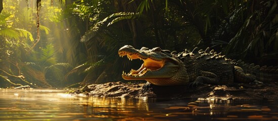 Two alligators are perched on the edge of the river, basking in the sun with their scaly bodies visible. The reptiles are calmly observing their surroundings near the waters edge.