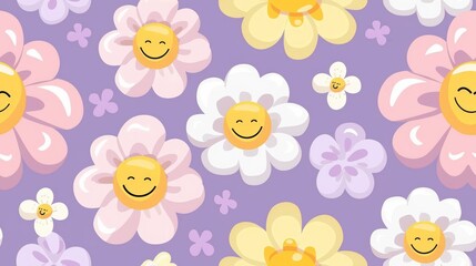 Cute funny kawaii smile face flowers, seamless pattern, on purple pastel background