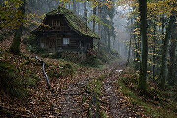 Fototapeta na wymiar Rustic Small Cabin Surrounded by Tall Trees in the Forest, Windy path leading to an old witch's house in the forest, AI Generated
