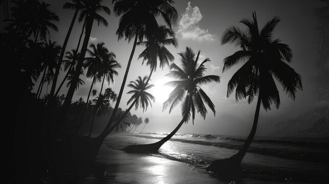 Dark silhouettes of palm trees on a tropical island. Sri Lanka. Mirissa beach
