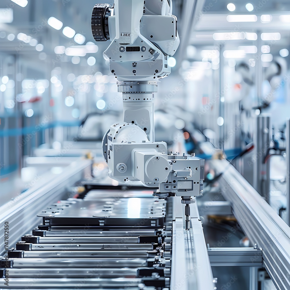 Wall mural A robotic arm operates with meticulous precision on an assembly line, showcasing the synergy between automation and modern manufacturing. The image reflects the cutting-edge of industrial technology