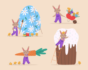 Set of cute rabbits and chicks for Easter Day. Vector illustration for Easter. Bunny with holiday egg and cake, wheelbarrow with flowers and big carrot. Illustration for greeting cards, posters