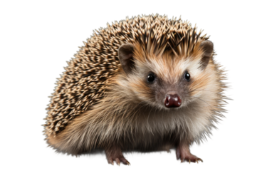 Small Hedgehog. A small hedgehog is perched on top of a white floor, with its spikes visible and its small paws resting on the surface.