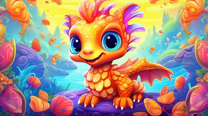 Fototapeta na wymiar Cartoon cute friendly dragon against the backdrop of a beautiful bright landscape.