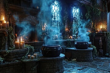 A room adorned with a multitude of potted plants and flickering candles, creating a vibrant and botanical atmosphere, Witch's lair with Bubbling cauldrons and creepy spell ingredients, AI Generated - obrazy, fototapety, plakaty
