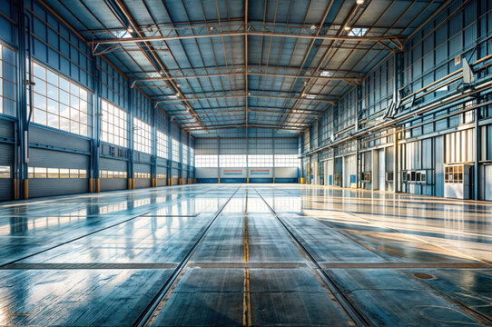 Empty Large Industrial Warehouse Indoor. Modern Business Space for Storage and Distribution, Featuring Spacious Flooring and Steel Structure, Horizontal Perspective of Commercial Storage Facility