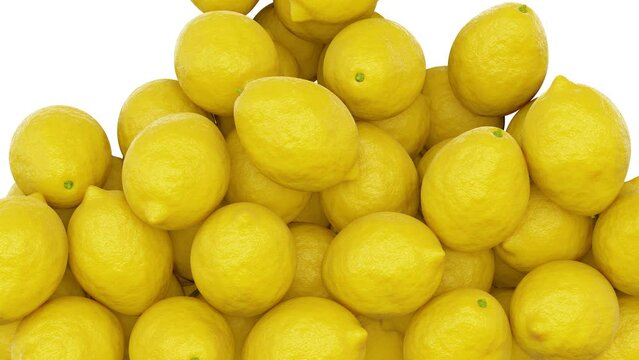 Realistic 3D animation of the fresh ripe lemons falling from the top filling up the volume rendered in UHD with alpha matte