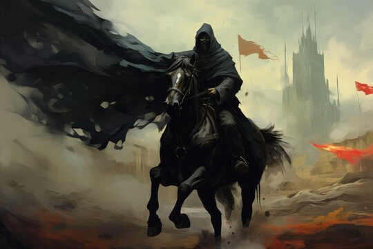 cloaked man rinding a black horse waving a flag with some kind of symbol, digital art style