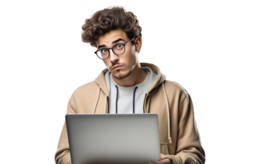 Man With Glasses Looking at Laptop. A man wearing glasses is seated in front of a laptop, engrossed in the screen. His hands are on the keyboard as he focuses on the digital content displayed.