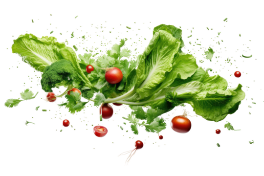 Lettuce leaves and ripe tomatoes are seen falling through the air in this action packed scene. The vibrant green and red colors create a visually striking contrast against the backdrop.