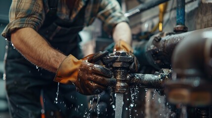 A Male Worker Repairs Water Pipes In The Basement - obrazy, fototapety, plakaty
