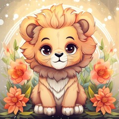 Baby Lion Surrounded by Flowers