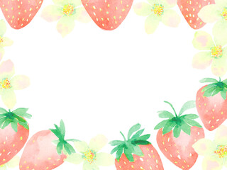 Obraz premium 水彩手描き風いちごと花のかわいいフレーム（生成AI）