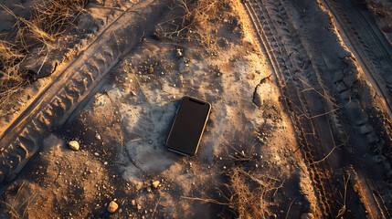 overhead view of mobile phone lying flat on dirt mountain bike path with tire treads
