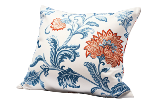 White Pillow With Blue and Orange Flowers. A white pillow adorned with vibrant blue and orange flowers. The flowers are intricately detailed, adding a pop of color to the otherwise neutral pillow.