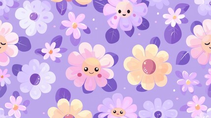 Cute funny kawaii smile face flowers, seamless pattern, on purple pastel background