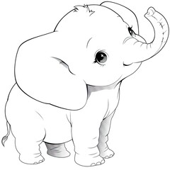 Cartoon cute baby elephant. Kids coloring Book, black and white Illustration