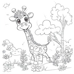 Funny giraffe, Kids coloring Book, black and white Illustration