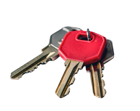 Set of various keys on keyrings, cut out - stock png.