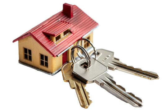 Set of various keys on keyrings, cut out - stock png.