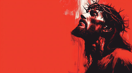 Painting of a man wearing a crown of thorns on a red background with copy space, symbolizing crucifixion of Jesus Christ in Christian faith. Man's facial expression conveys suffering and sacrifice - obrazy, fototapety, plakaty