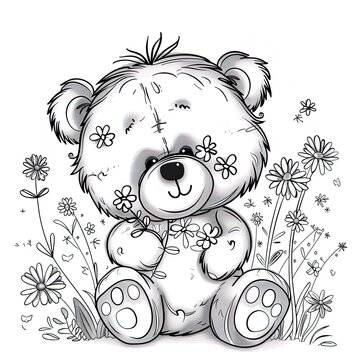 Funny teddy bear, Kids coloring Book, black and white Illustration