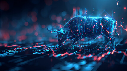 Bull and stock market graph in blue, digital technology. generative ai - obrazy, fototapety, plakaty