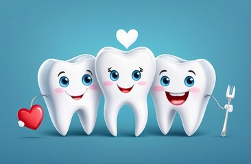 Obraz premium Two white cartoon watercolor teeth with legs and hand fall in love. Dental card for Valentines day with copy space. Teeth do not want to lose each other. Oral dental hygiene. illustration