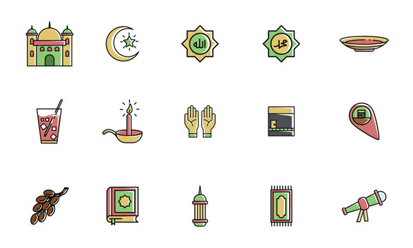 a collection of 15 simple Ramadan icons in pastel colors