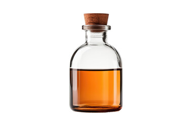 Glass Bottle Filled With Liquid. A clear glass bottle filled with liquid, resting upright on a plain white background. The liquid inside the bottle appears translucent and reflects the light.