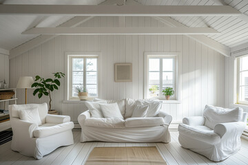 Naklejka premium White sofa and armchairs in scandinavian style home interior design of modern living room.