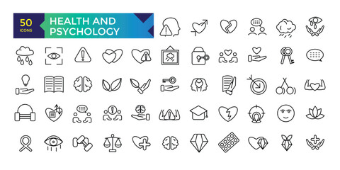Health and Psychology line icons related to wellness, wellbeing, mental health, healthcare, medical. Outline icon collection.
