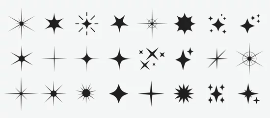 Fotobehang Set stars line art icon. Vector four-pointed star for logo, social media stories © DORORO
