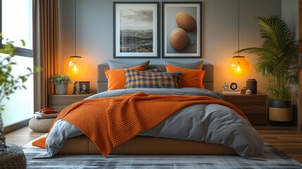 A cozy bedroom at home. Bedroom with bad, pillows, window, pictures, lamps Very cute cozy interior design, grey and orange colors, modern stylish bedroom project, romantic dim lighting