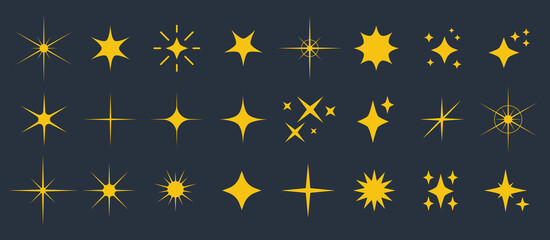 Set sparkle stars line art icon. Vector four-pointed star for logo, social media stories.Yellow, gold, orange sparkles symbols vector - obrazy, fototapety, plakaty