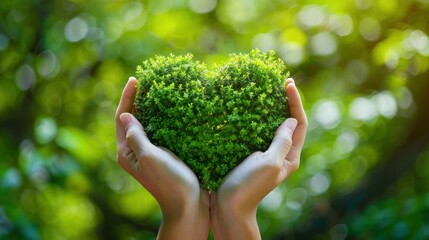 Naklejka na ściany i meble Hands holding green heart shaped plant. World Environment Day.