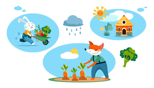 Cute flat cartoon set fox with carrot, vegetables, rabbit with wheelbarrow. Farm and garden, plants. Scenes, badges for stickers and design. Vector flat isolated illustration on white background.