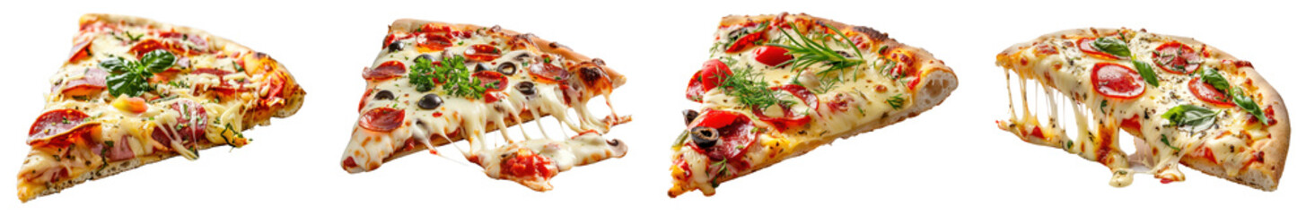 Set of delicious pizza slice with toppings, cut out - stock png.