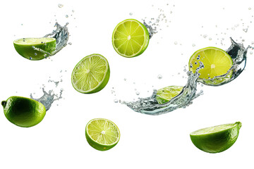 Limes With Water Splashing. Fresh limes are displayed on a white background with water splashing on them, creating a refreshing and vibrant image of citrus fruits being washed.
