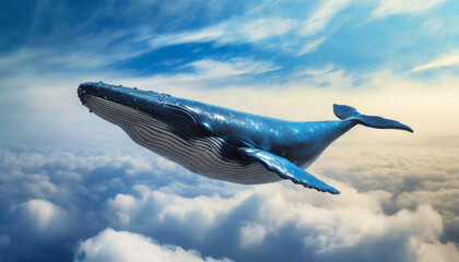 Side view of a blue humpback whale flying in a clear sky above the clouds with copy space. Generative Ai.