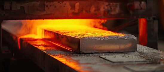 A piece of red-hot metal is being carefully poured into the open muffle furnace, creating a bright fiery glow. The intense heat causes the metal to liquefy before it is engulfed by the furnace.