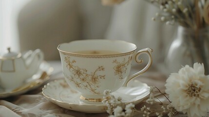 Vintage-inspired tea cup featuring delicate gold trim and floral pattern, reminiscent of a bygone era of elegance and grace.
