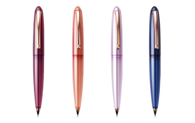 Four vibrant pens of different colors are neatly lined up next to each other on a flat surface. The pens are standing upright, showcasing their varying shades and ink tips.