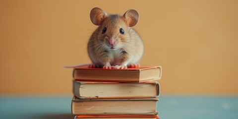 Education concept - rat or mouse sitting on books on beige background. April National Library Day....