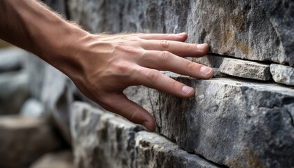 Fototapeta na wymiar Close up of hand moving a part stone wall