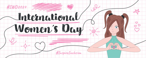 Banner template for International Women's Day 2024 with anime style girl showing heart sign. #InspireInclusion. #IWD2024. Vector design for poster, post, cover