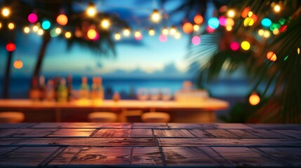 Blurred beach bar top background at sunset. Chairs, palm trees, warm string lights, with ocean waves and a colorful sky.