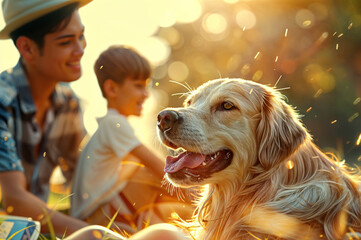 Family playing with dog in nature. Joyful moments of togetherness and fun on the lawn, bonding with their adorable pet, cherished memories of happiness, friendship game outside and smiling