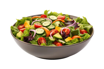 Fresh Salad With Cucumbers, Tomatoes, Red Onion, and Lettuce. A bowl filled with a colorful salad featuring crunchy cucumbers, juicy tomatoes, sharp red onion, and crisp lettuce leaves.