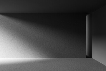 A black and white background with light coming through the building structure.